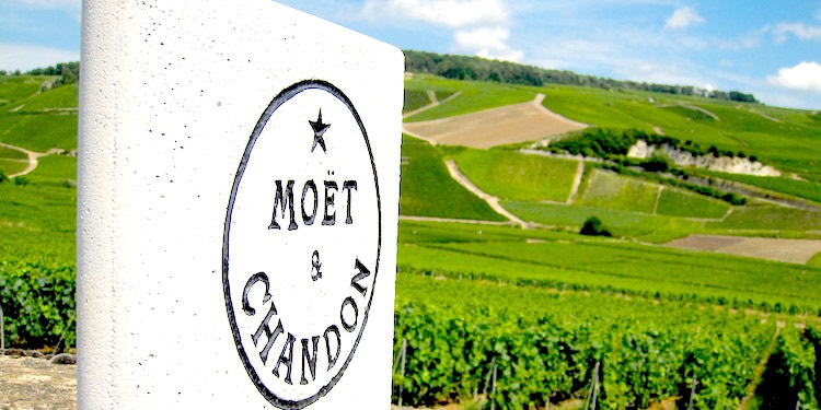 A MOet & Chandon marker overlooks hectares of rolling vineyards in Champagne