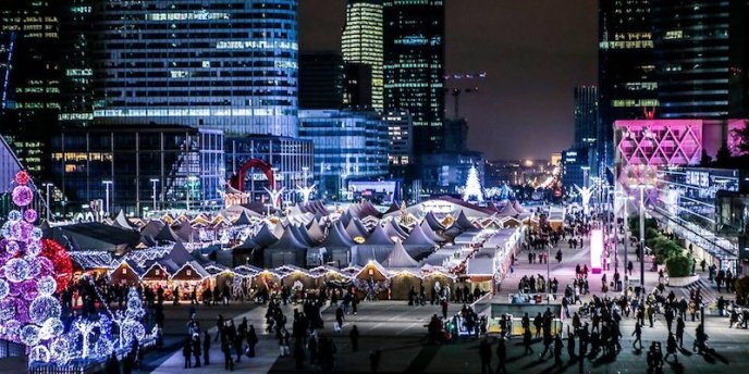 View over the lights of the massive Christmas Market La Defense