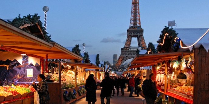 rows of booths at the Eiffel Tower Christmas Market