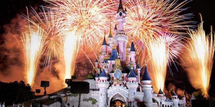 Fireworks at Disneyland Paris with the Magic Castle in the foregrounbd