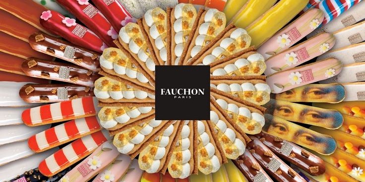 A circle display of various eclairs at Fauchon at La Madeleine