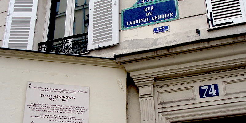 View of the plaque on Ernest Hemingway's former Apartment on Rue du Cardinal Lemoine in the Marais