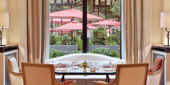 At Hotel Plaza Athenee a table with a view is set for afternoon tea