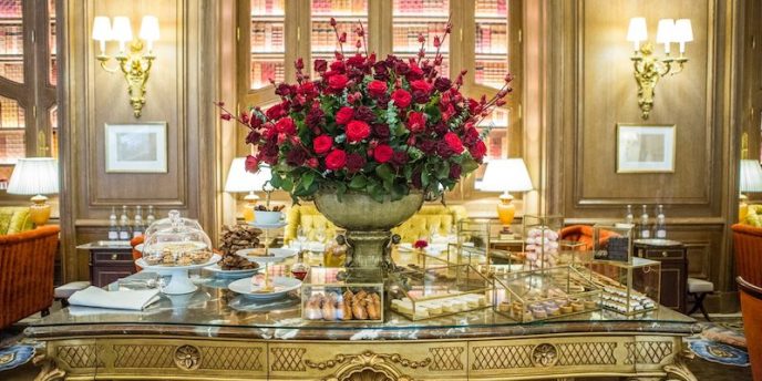 The tea time buffet at Hotel Ritz with a spectacular flower arrangement