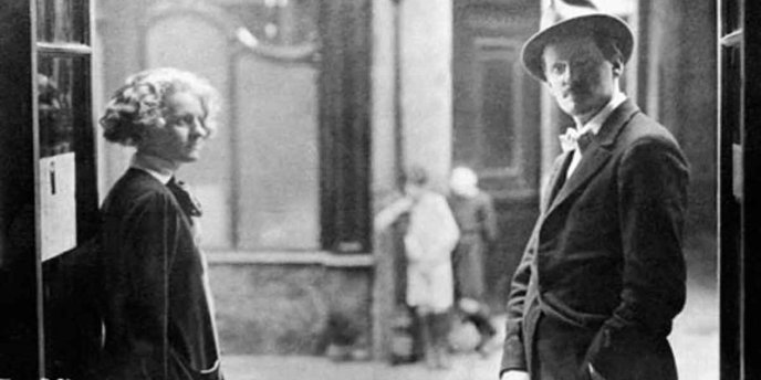 James Joyce and Sylvia Beach in Paris, 1925, outside Shakespeare and Company bookstore, 1925