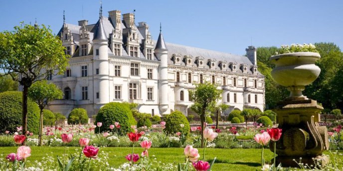 A stunning Loire Valley castle with gardens and flowers in the foreground