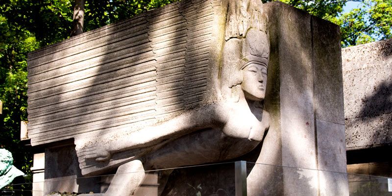 The tomb of Irish Oscar Wilde in Pere Lachaise Cemetery in Paris