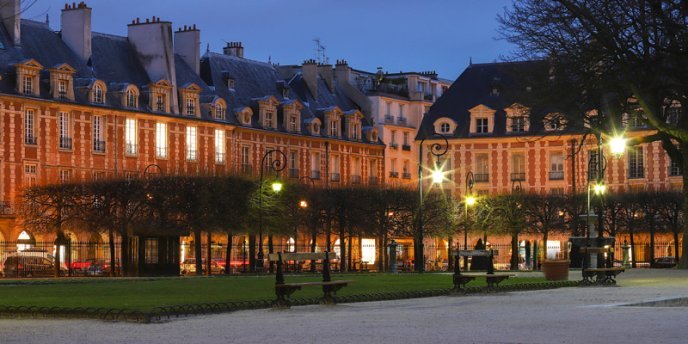 Historic Place des Vosges at night, in The Marais