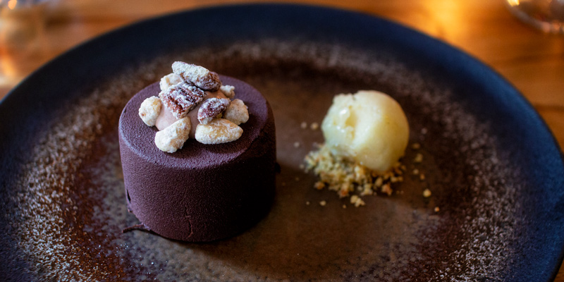 Frozen chocolate cake on a plate at Restaurant Escudella, photo by Mark Craft