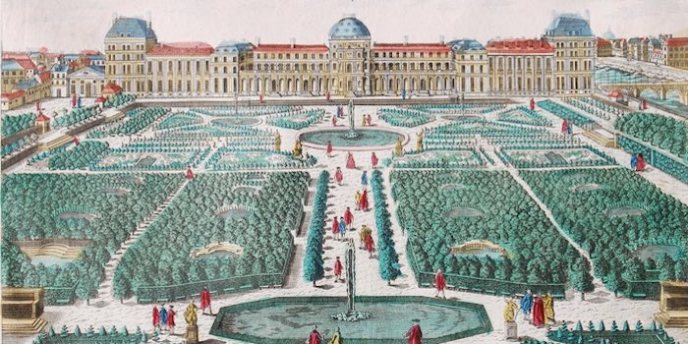 A 17th century engraving of the Louvrere and the Jardin des Tuileries in Paris