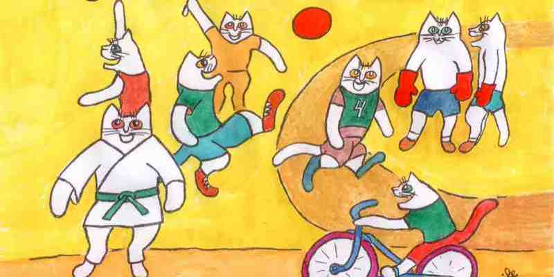 Illustrated, colorful cats play ball and ride bikes