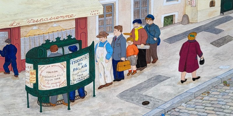 Illustration of a pissoir, an early free public toilet in Paris