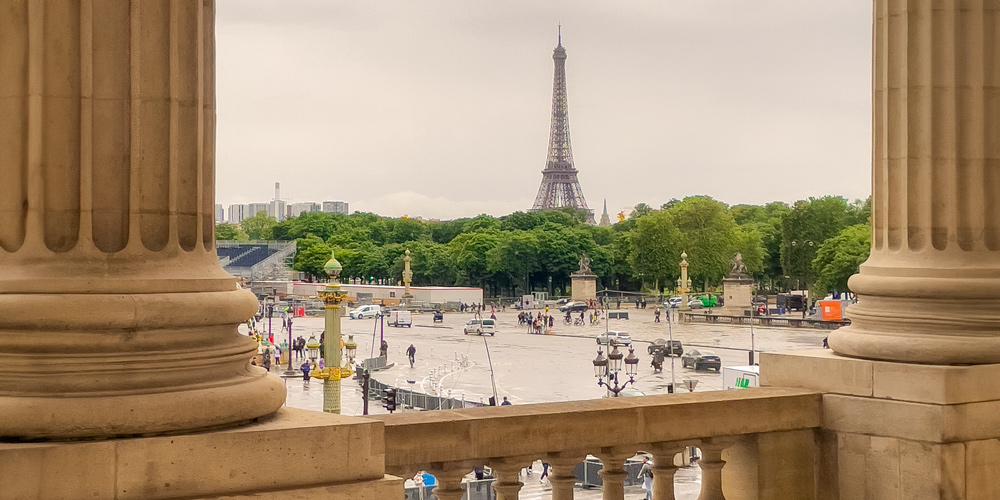 A view of the Eiffel Tower and Place de la Concorde from Hotel de la Marine