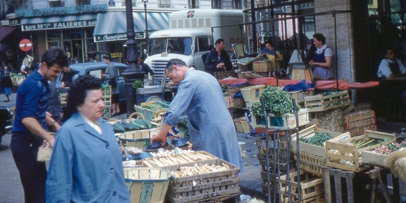 Les Halles Market in 1960 with crates of white asparagus and other vegetables for sale