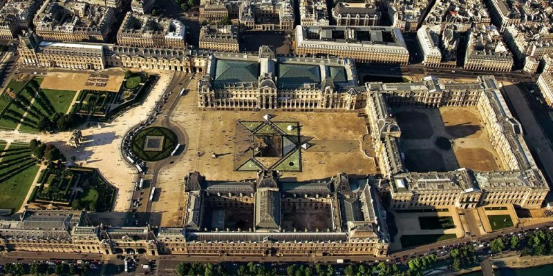 The Louvre palace and museum seen from above with the Pyramid in the center