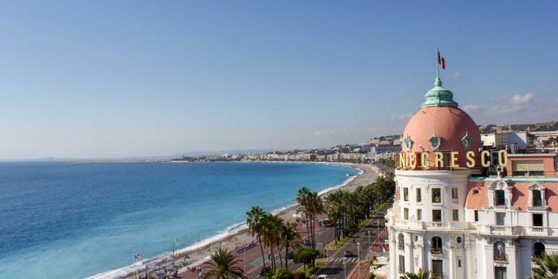 The Hotel Negresco overlooks the Promenade des Anglais and the Baie des Anges