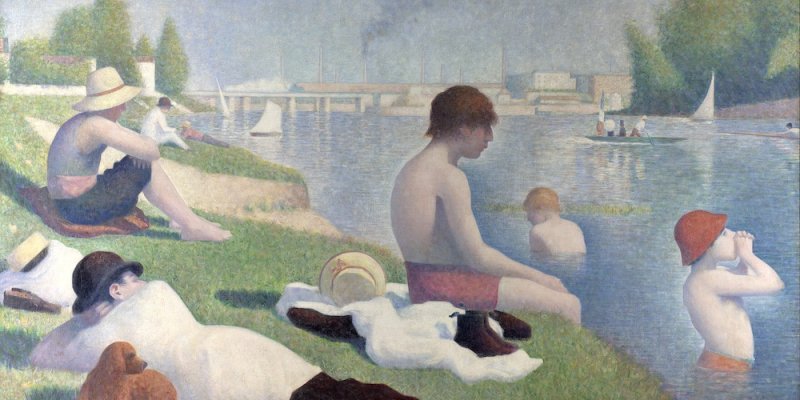 Georges Seurat 1884 painting titled Une baignade a Asnieres of bathers in the river