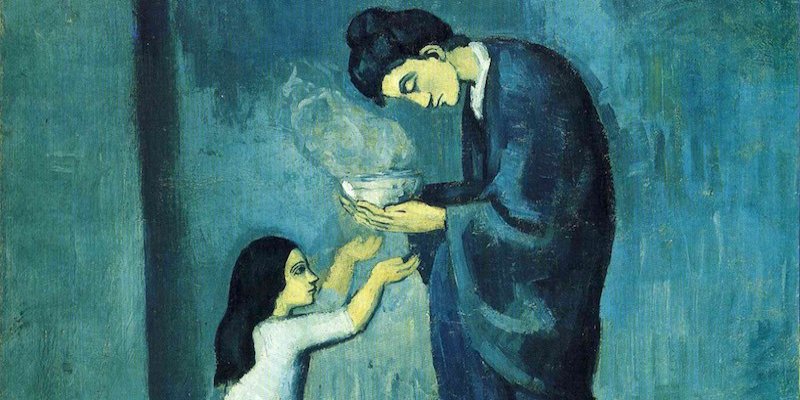 A painting by Pablo Picasso from his Blue Period depicting a bent mother serving soup to her young child.