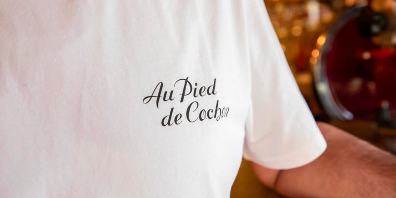 Au Pied de Cochon Paris T-Shirt with restaurant name over the heart