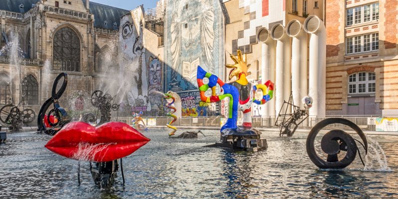 Some of the colorful renovated sculptures at the Stravinsky Fountain