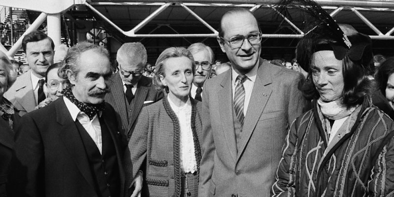 Inauguration of the Stravinsky Fountain with Jean Tinguely (L), President Jacques Chirac, Niki de Saint-Phalle