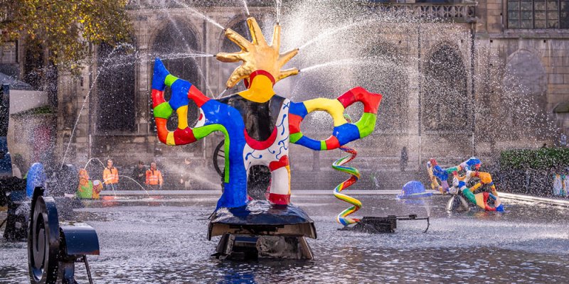 The swirling, brightly colored sculptures of the renovated Stravinsky Fountain