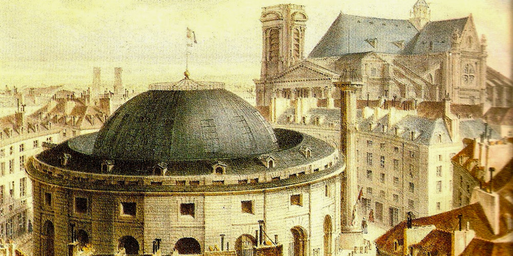 Bourse de Commerce with Saint Eustached in the background in an 1838 print.