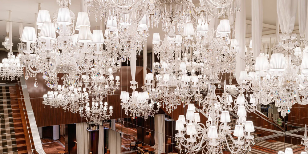 chandeliers above the grand staircase