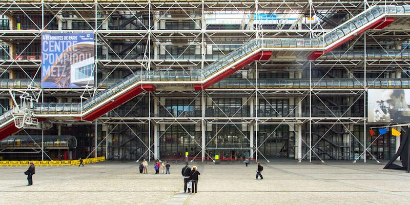 The exterior of Centre Pompidou with its famous protusions of ducts and other mechanical aspects of the building