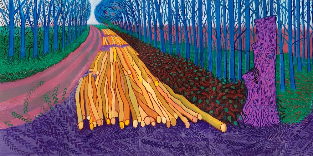 Painting by David Hockey, a stylized road recedes in the distance, flanked by trees