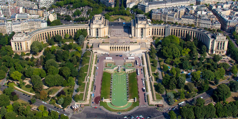 Palais de Chaillot seen from the Eiffel Tower with the Tocadero Gardens in front and the National Marine Museum in the left wing